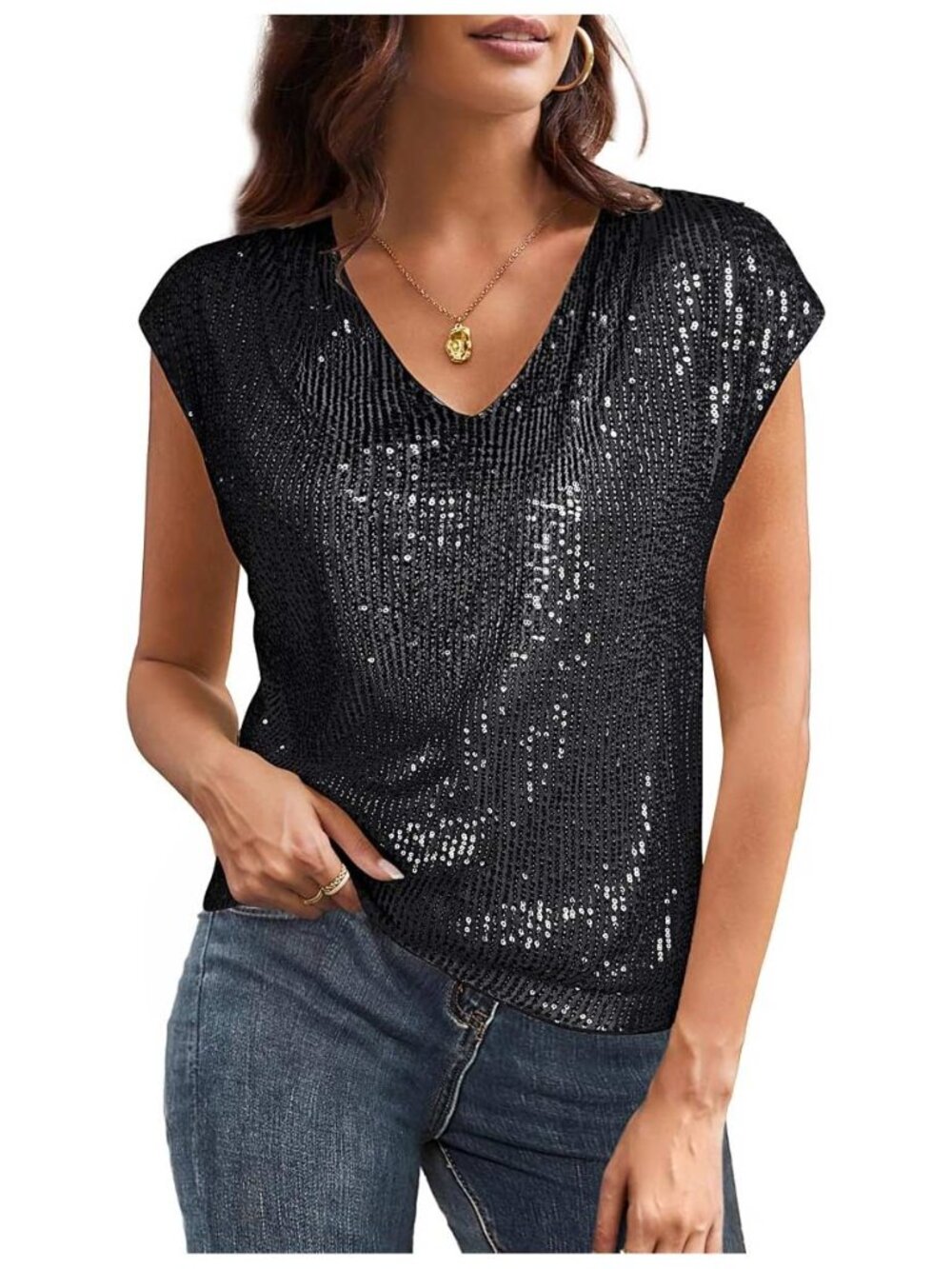 Black Sparkly Sequin V Neck Glitter Party Top Shirt - Women's Medium NWT